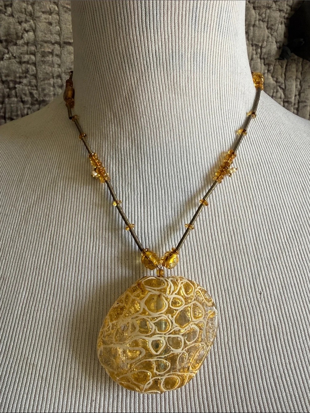 Gold Amber Original Morano Glass Pendant Necklace with small real pearls.